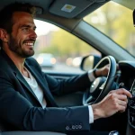 Homme en SUV écoutant de la musique avec sourire nostalgique