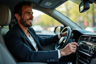 Homme en SUV écoutant de la musique avec sourire nostalgique