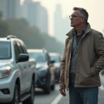 Homme d'âge moyen près d'un SUV diesel en ville
