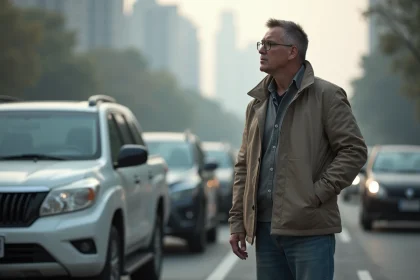 Homme d'âge moyen près d'un SUV diesel en ville