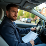 Homme dans sa voiture avec papiers d'immatriculation