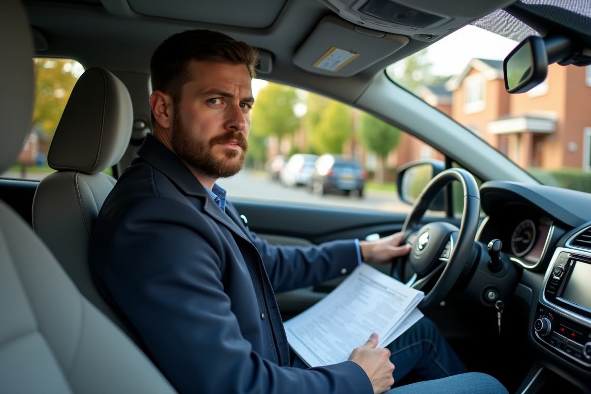 Homme dans sa voiture avec papiers d'immatriculation