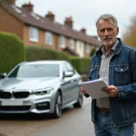 Homme en veste casual examinant une BMW argentée