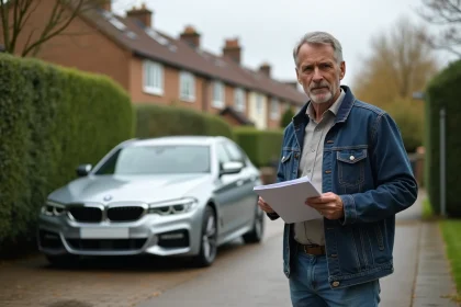 Homme en veste casual examinant une BMW argentée