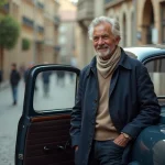 Homme d'âge moyen avec voiture vintage en rue calme