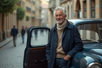 Homme d'âge moyen avec voiture vintage en rue calme