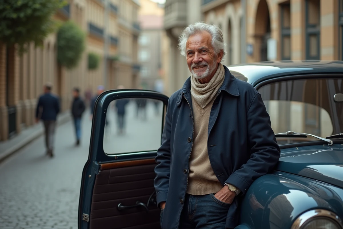 Homme d'âge moyen avec voiture vintage en rue calme
