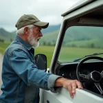 Homme d'âge moyen examinant le tableau de bord d'un SUV blanc