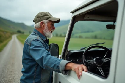 Homme d'âge moyen examinant le tableau de bord d'un SUV blanc