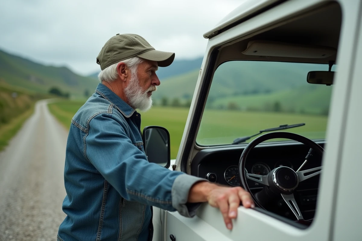 Homme d'âge moyen examinant le tableau de bord d'un SUV blanc