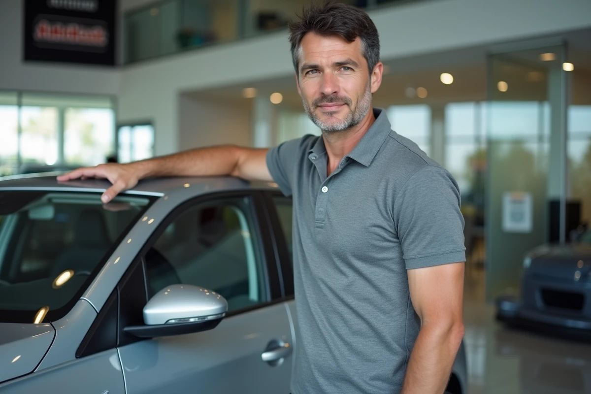 Homme debout à côté d'une voiture compacte dans une concession automobile pour un leasing sans apport