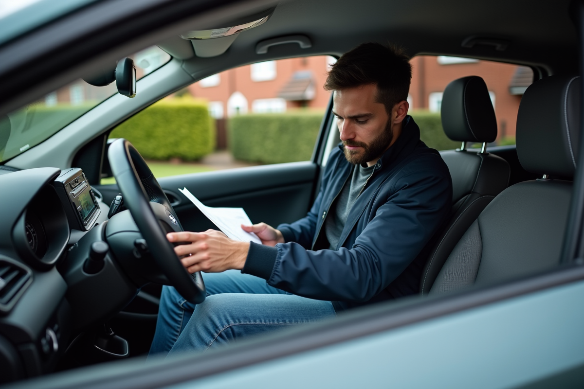 Homme dans sa voiture regardant des documents d'assurance