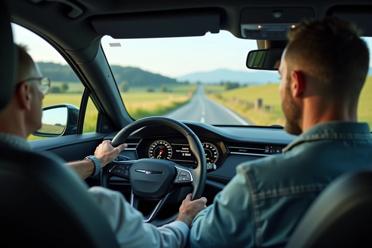 Homme dans une voiture regarde le tableau de bord numérique rural