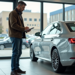 Homme d'âge moyen examinant une voiture en concession