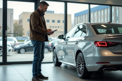 Homme d'âge moyen examinant une voiture en concession