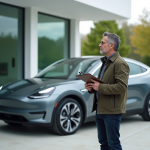 Homme contemplant une voiture électrique moderne en concession