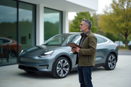 Homme contemplant une voiture électrique moderne en concession