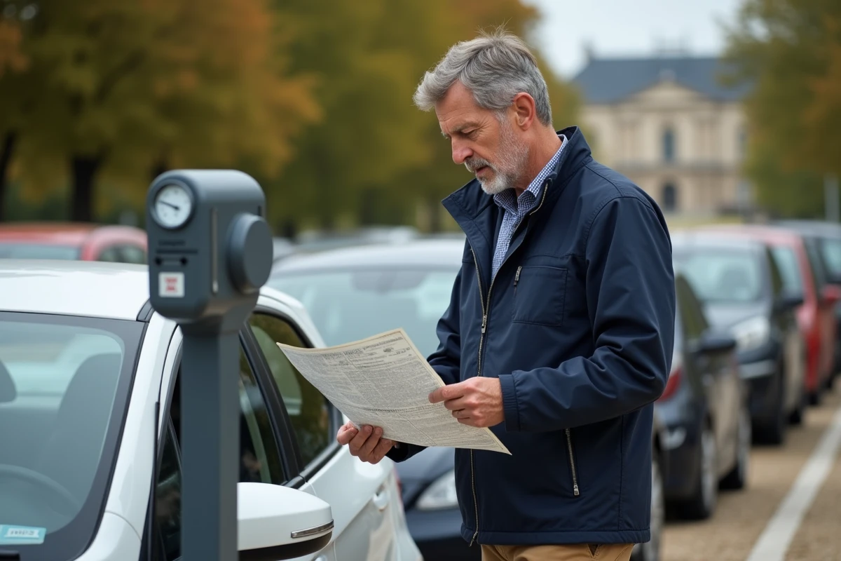 Homme lisant un parcmètre près de sa voiture à Versailles