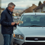 Homme examinant deux plaques d'immatriculation dans la rue