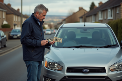 Homme examinant deux plaques d'immatriculation dans la rue