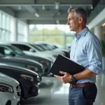 Homme d'affaires examine des voitures en showroom