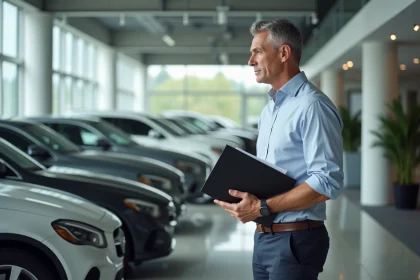 Homme d'affaires examine des voitures en showroom