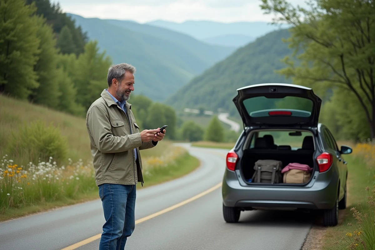 Homme vérifiant son itinéraire à côté de sa voiture de voyage