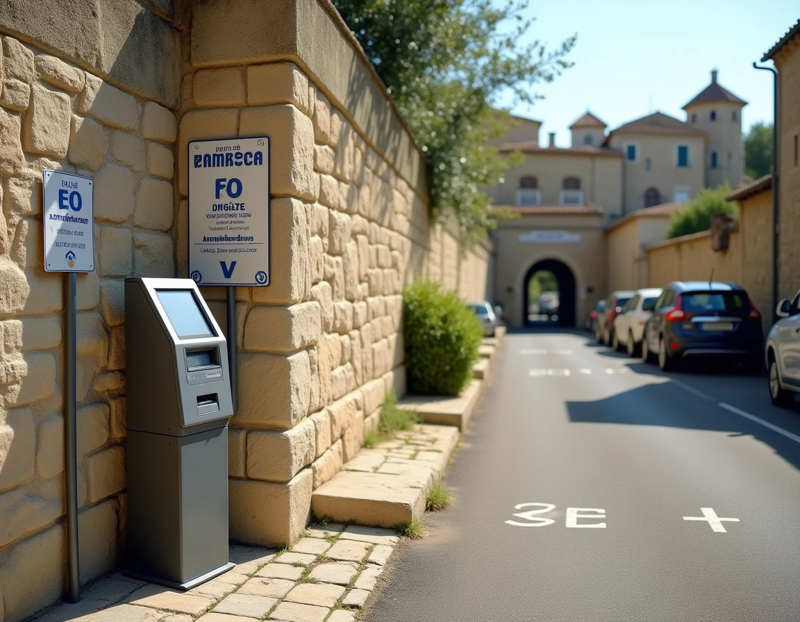 Horodateur et signalisation d'un parking en pierre à l'entrée du village des Baux-de-Provence