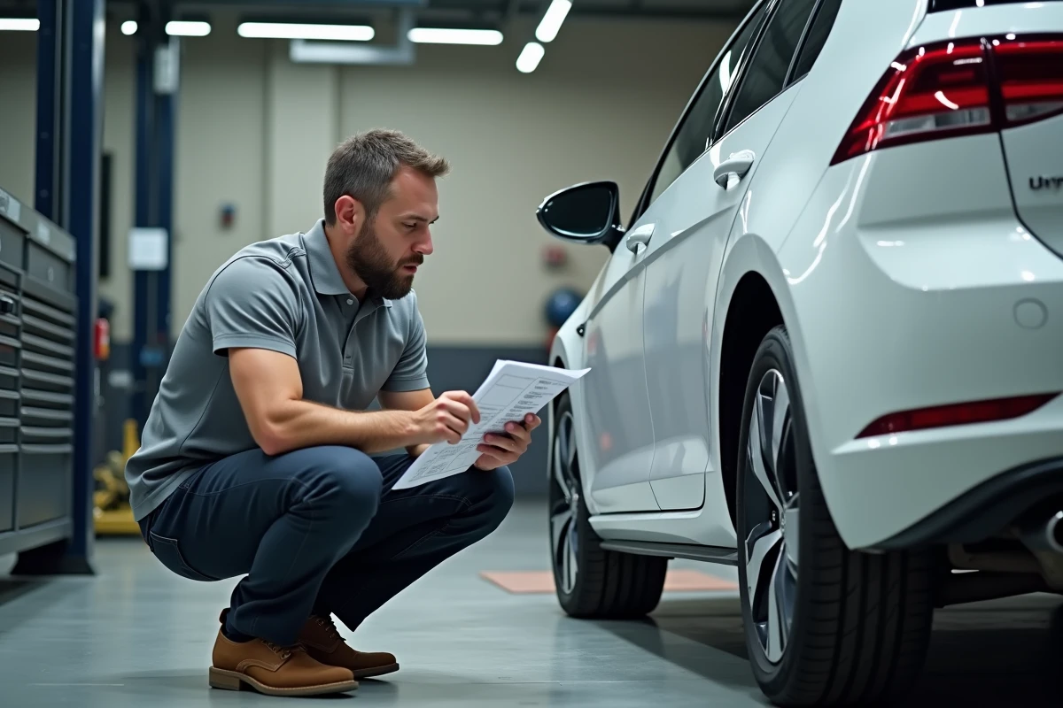 Ingénieur automobile examinant les caractéristiques techniques d'une Volkswagen Golf 7 dans un atelier de mécanique
