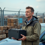 Ingénieur homme avec batterie électrique devant véhicule recyclé