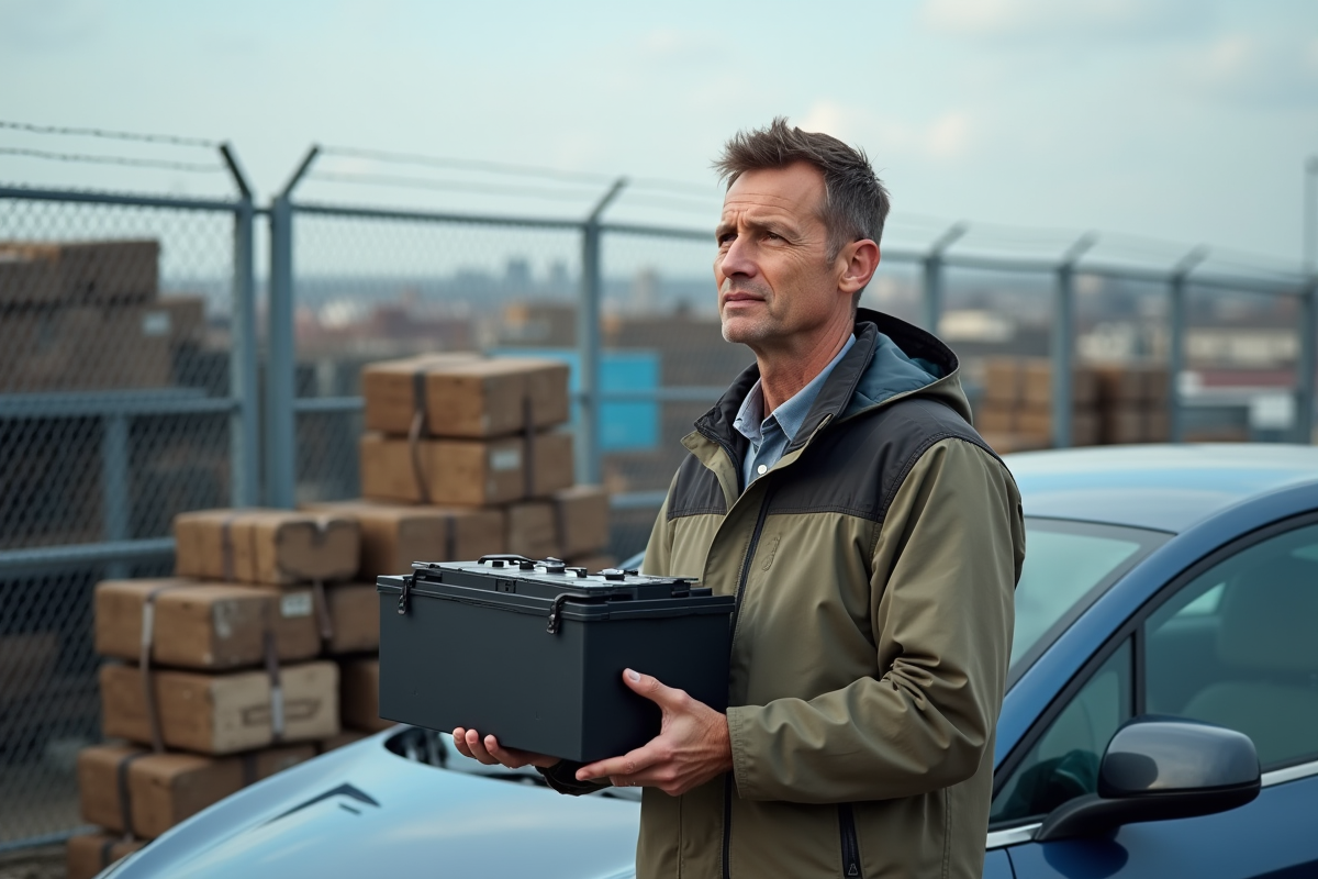 Ingénieur homme avec batterie électrique devant véhicule recyclé