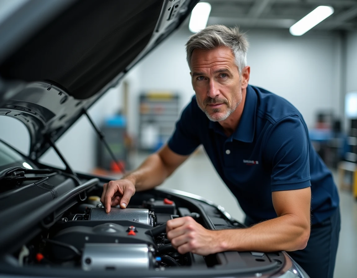 Ingénieur automobile examinant le moteur électrique et les composants de batterie d'une voiture hybride dans un atelier moderne