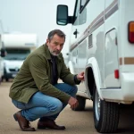 Homme inspectant la carrosserie d'un camping-car Autostar d'occasion dans un parc de véhicules, contrôle visuel avant achat