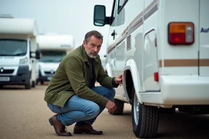 Homme inspectant la carrosserie d'un camping-car Autostar d'occasion dans un parc de véhicules, contrôle visuel avant achat