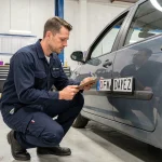 Inspecteur automobile examinant la plaque d'identification d'une voiture pas chère dans un centre de contrôle de conformité