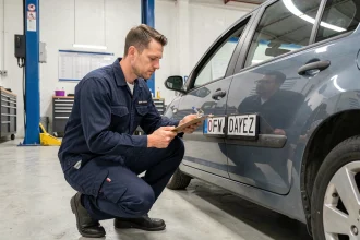 Inspecteur automobile examinant la plaque d'identification d'une voiture pas chère dans un centre de contrôle de conformité