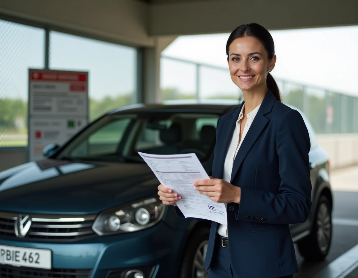 Femme avec clipboard inspectant une voiture importée dans un centre de contrôle douanier