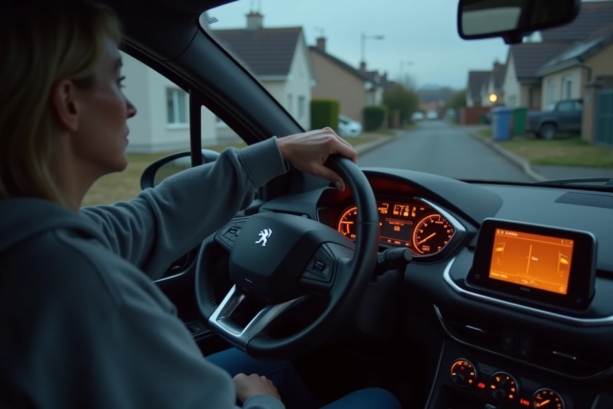Femme inspectant le voyant orange du tableau de bord de sa Peugeot 208 garée dans la rue