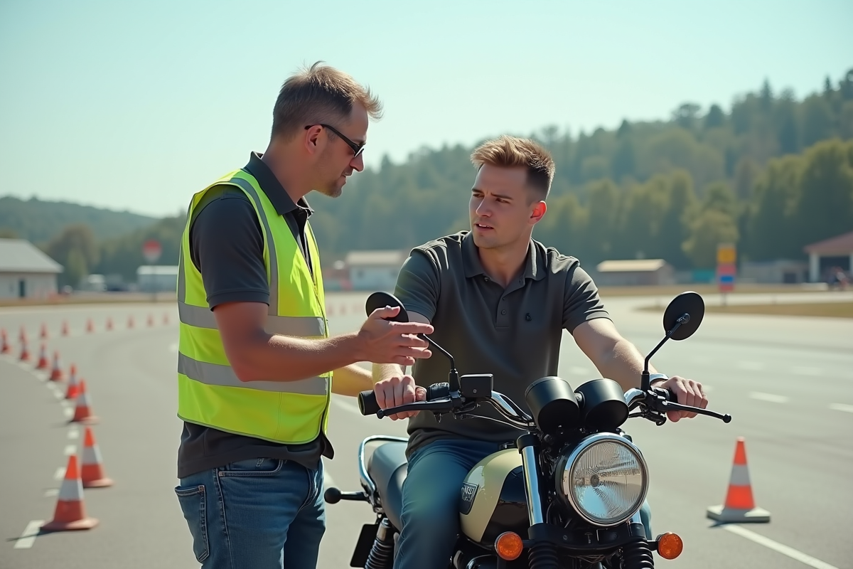 Instructeur moto guidant un élève en pratique