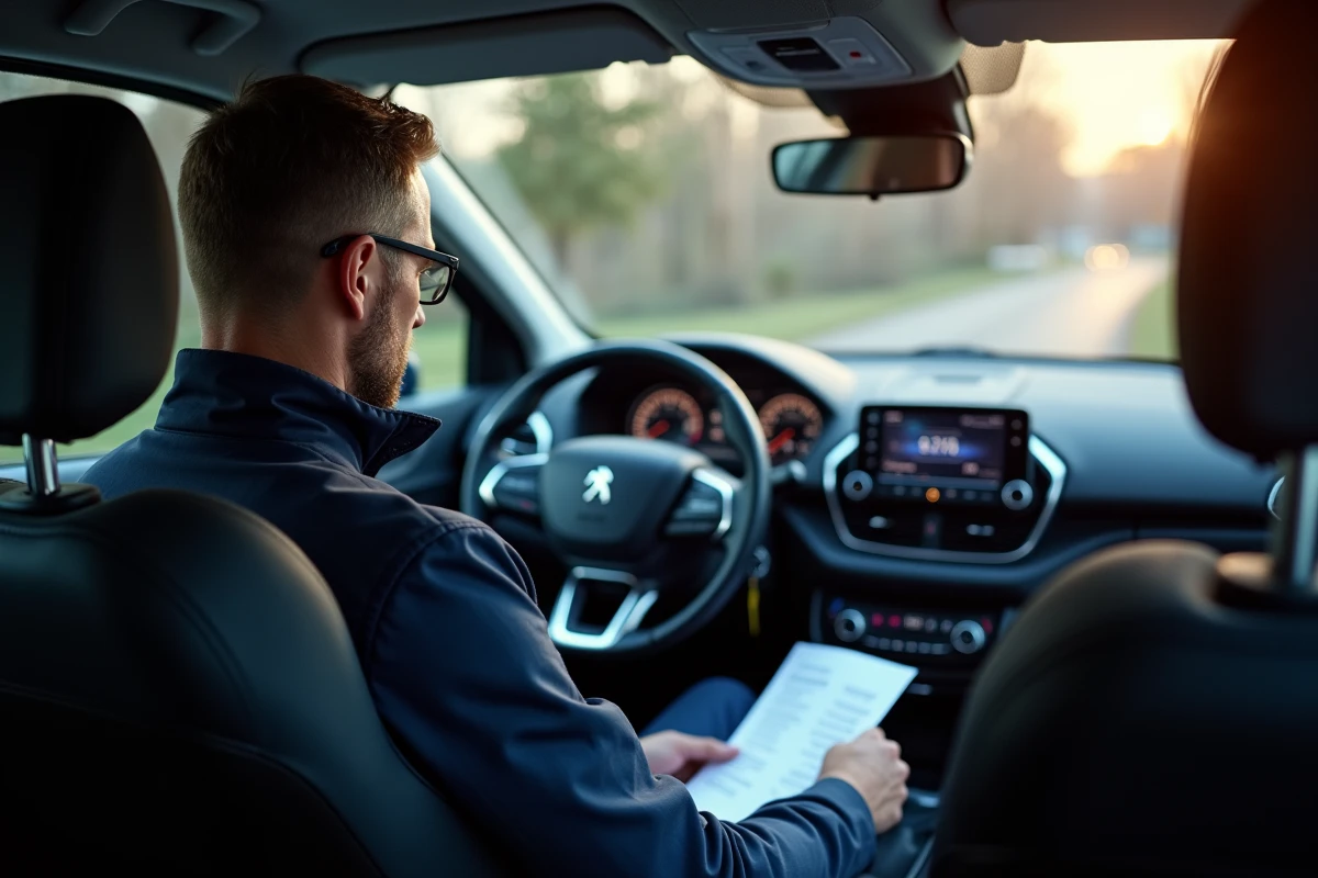 Journaliste automobile inspectant le tableau de bord numérique d'une Peugeot 208 pour comparer les motorisations