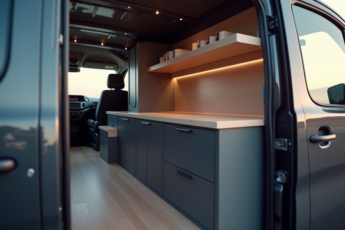 Intérieur du van Peugeot Expert avec espace de travail organisé
