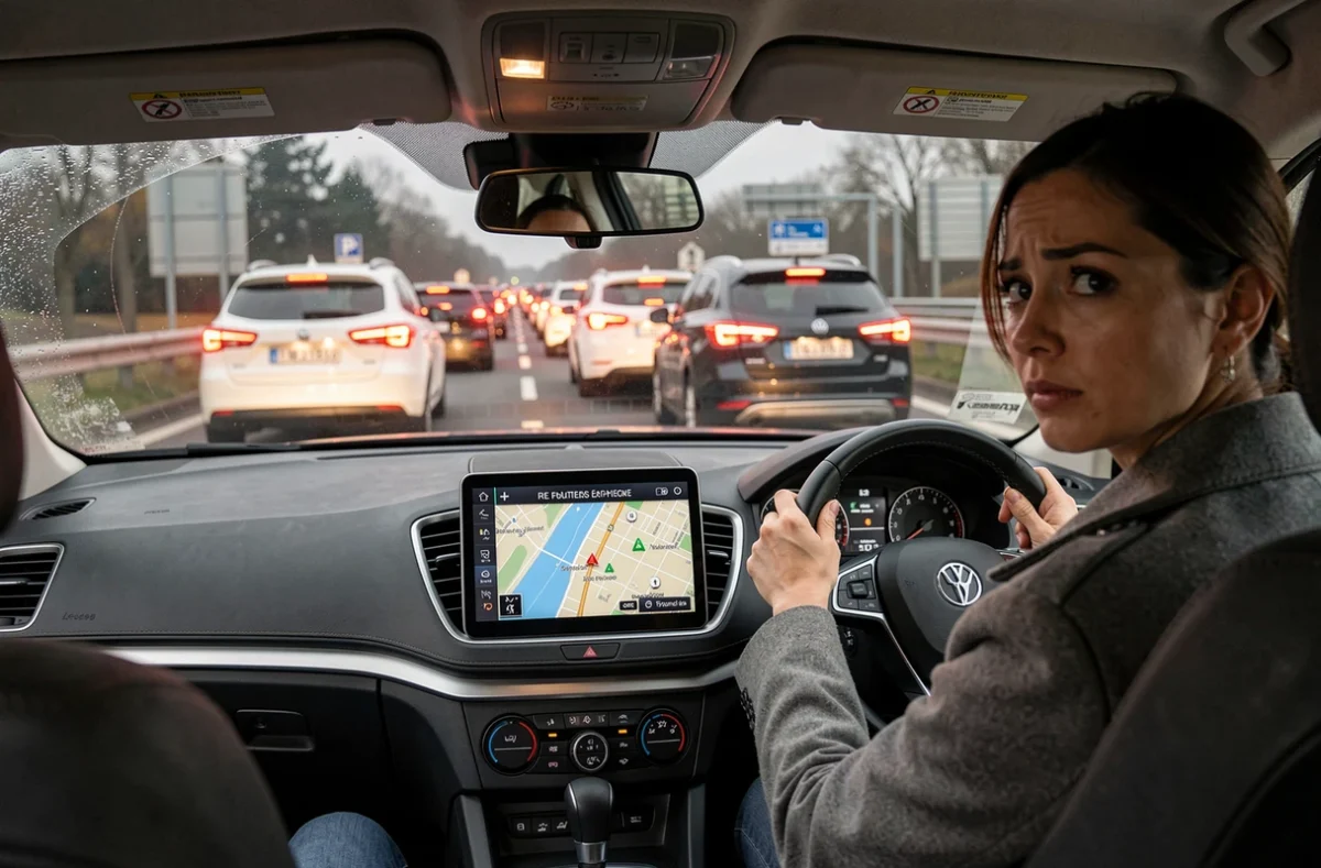 Vue depuis l'intérieur d'une voiture immobilisée dans les embouteillages sur la rocade de Rennes