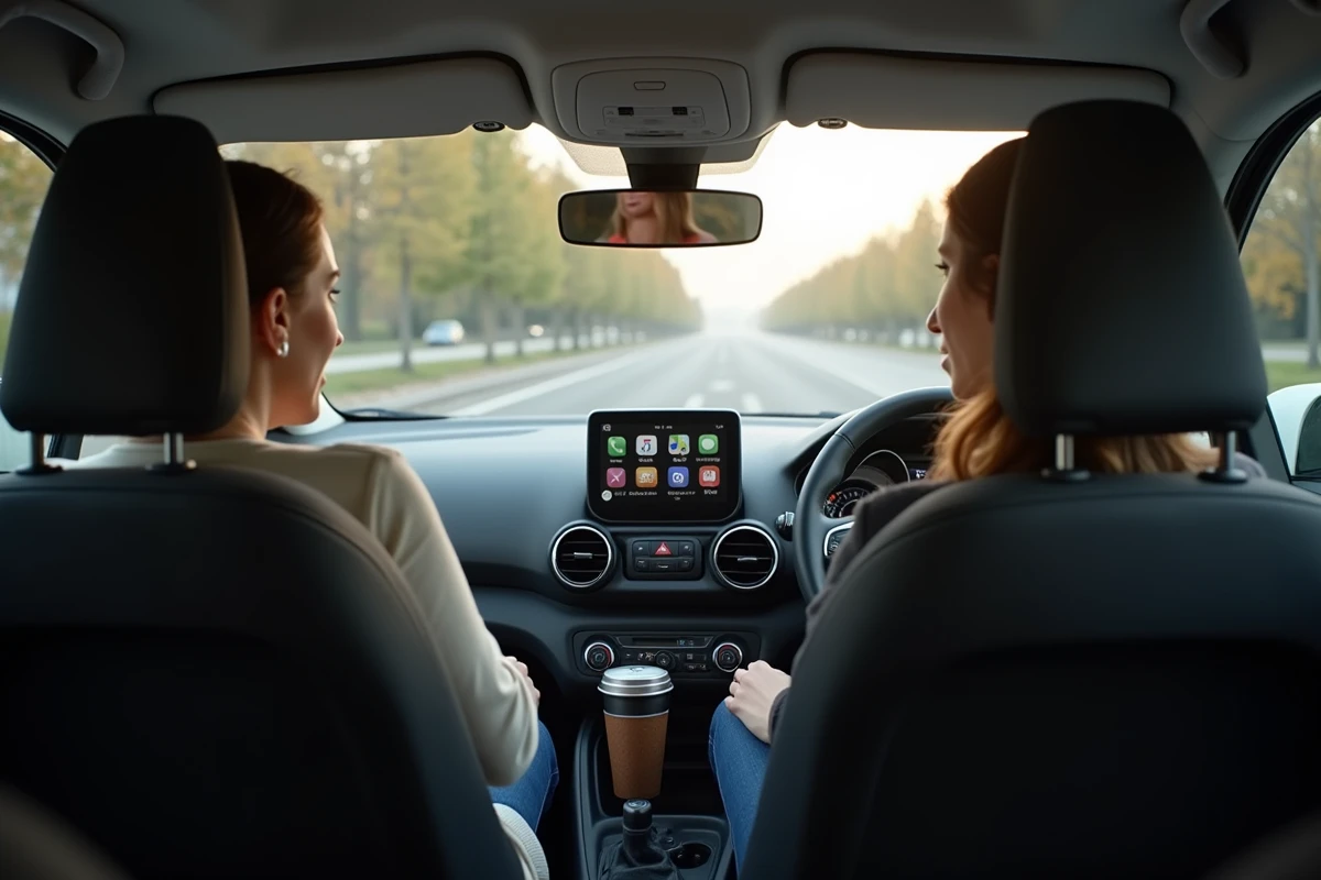 Intérieur d'une voiture compacte populaire en France avec conductrice au tableau de bord