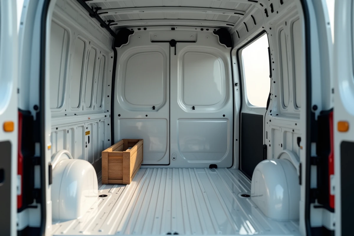 Intérieur du compartiment cargo d'un utilitaire L1H1 avec plancher nervuré et outils d'artisan