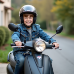 Garçon de 14 ans sur scooter dans un quartier résidentiel