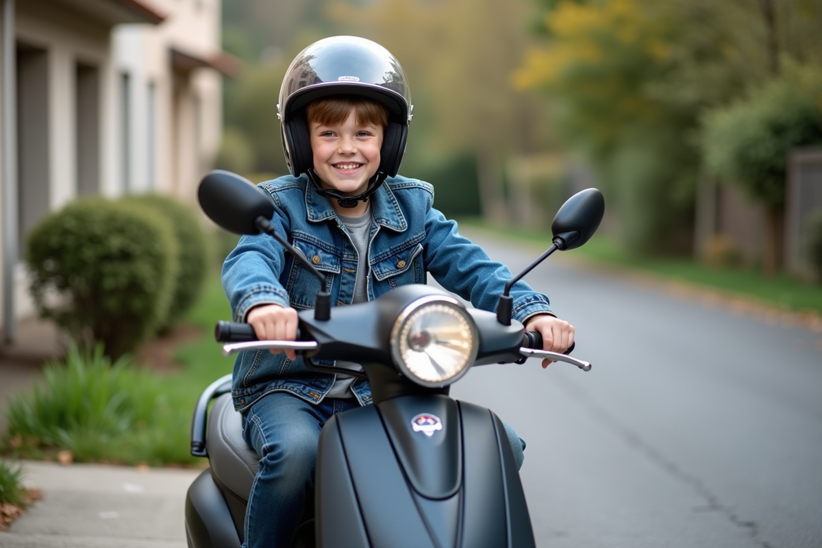 Garçon de 14 ans sur scooter dans un quartier résidentiel