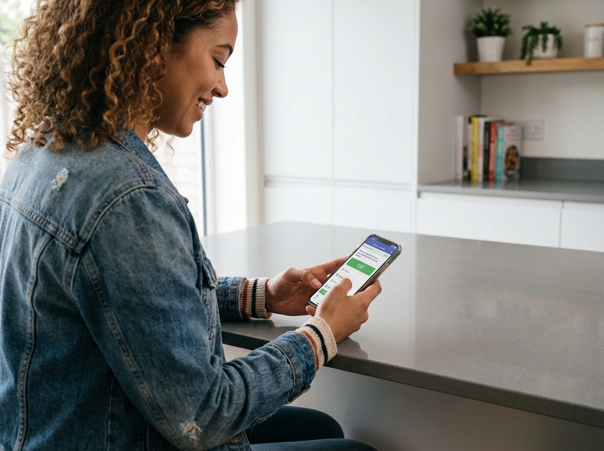 Jeune femme souriante utilisant une application de conduite à la maison