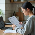 Jeune femme concentrée à étudier le code de la route dans une cuisine lumineuse