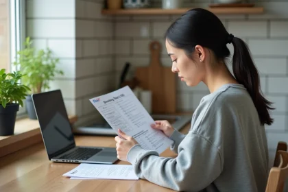 Jeune femme concentrée à étudier le code de la route dans une cuisine lumineuse