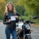Jeune femme fiere avec permis moto en extérieur